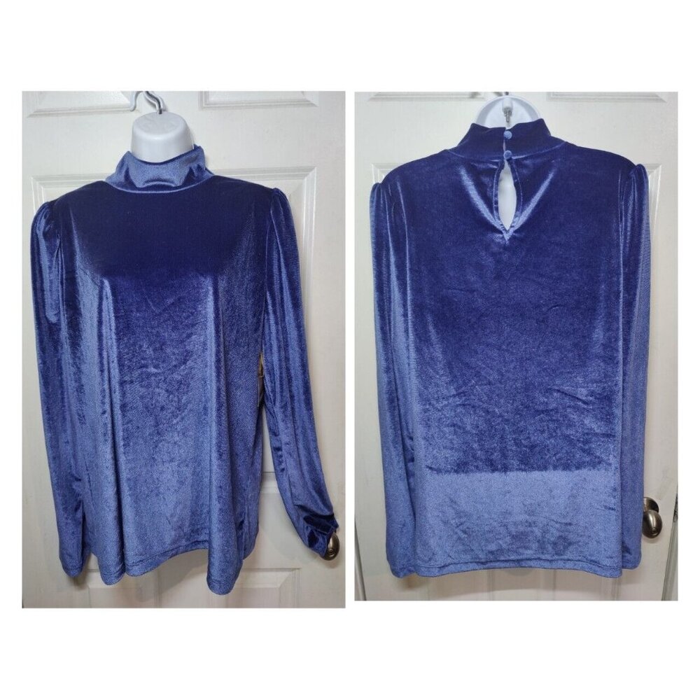 Ryegrass Blue Velour Mock Neck Pleated Long Sleeves Stretch Top Keyhole Back XL